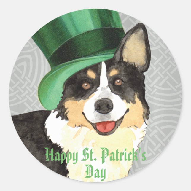 Pegatina Redonda San Patricio Cardigan Welsh Corgi (Anverso)