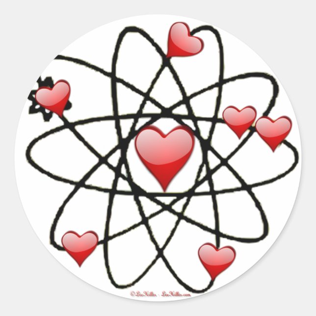 Pegatina Redonda San Valentín Corazones Rojos Atómicos (Anverso)