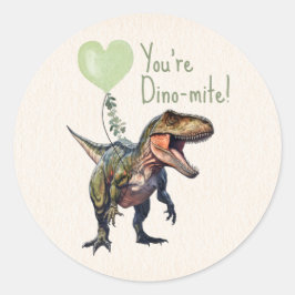 Pegatina Redonda San Valentín de clase verde de dinosaurio Dino-mit