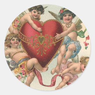 Pegatina Redonda San Valentín de época, ángeles victorianos Corazón