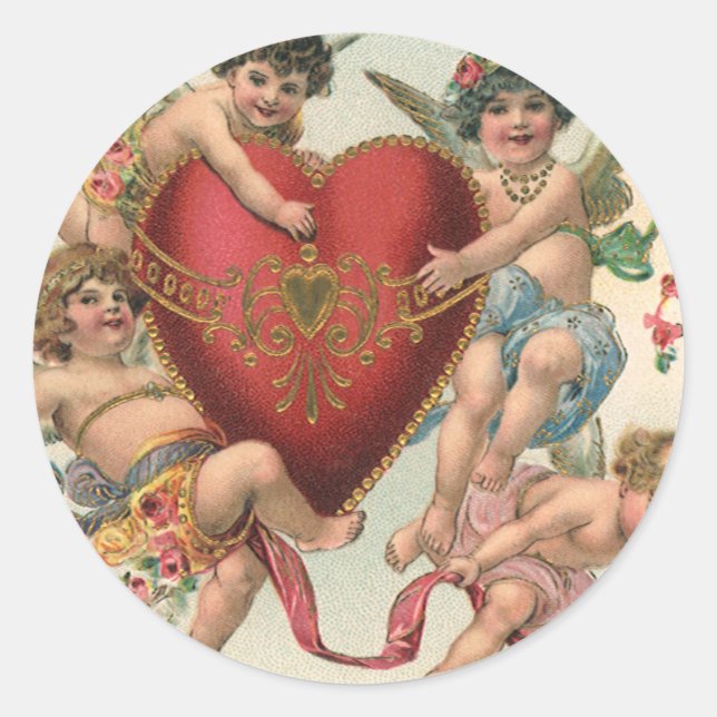 Pegatina Redonda San Valentín de época, ángeles victorianos Corazón (Anverso)