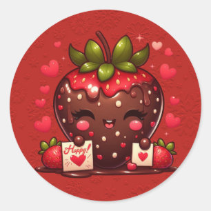 Pegatina Redonda San Valentín de fresa cubierta de chocolate