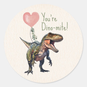 Pegatina Redonda San Valentín Dino-mite de Dinosaurio