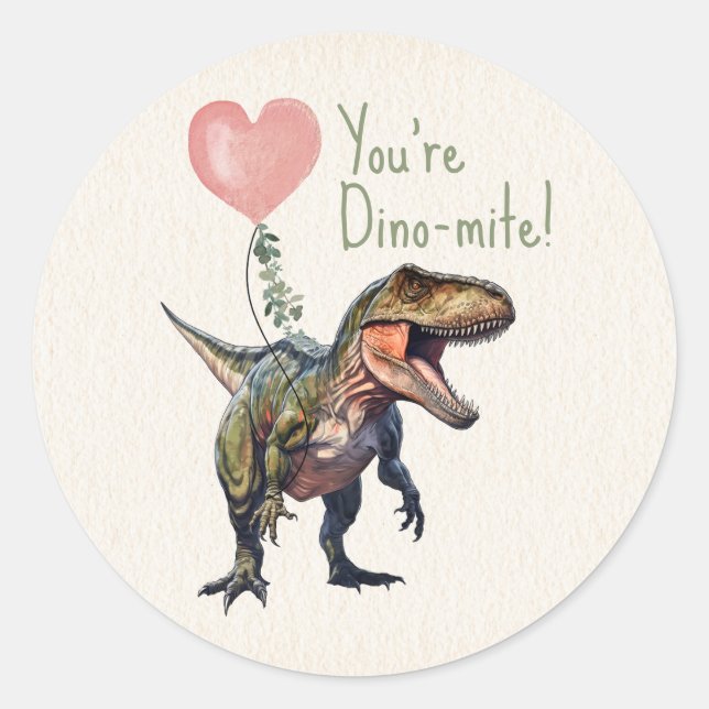 Pegatina Redonda San Valentín Dino-mite de Dinosaurio (Anverso)