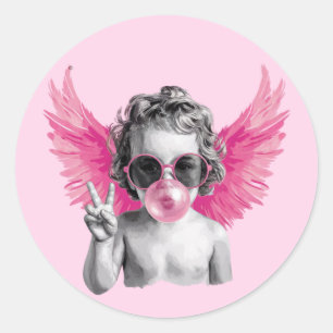 Pegatina Redonda San Valentín Soplando Burbuja Cupido Día de San Va