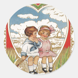 Pegatina Redonda San Valentín Victoriano Antiguo Niños en Corazón