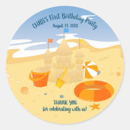 Pegatina Redonda Sand castle beach divertida fiesta de cumpleaños d