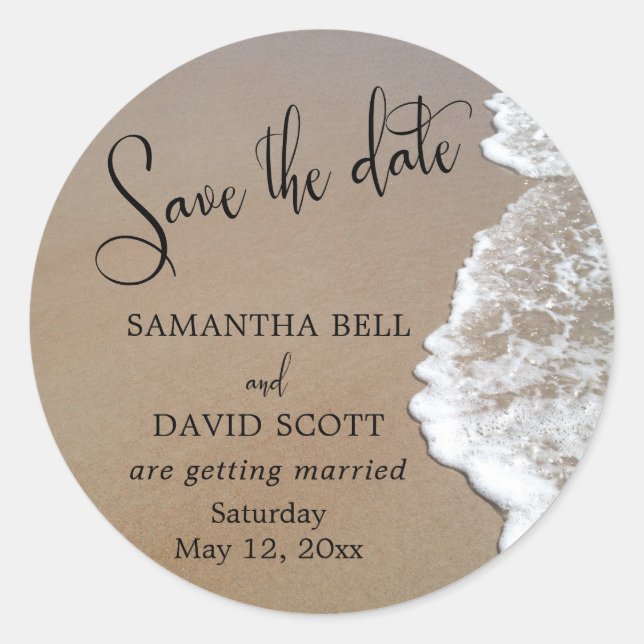 Pegatina Redonda Sand & Foam Beach Photo Save the Date 1 (Anverso)