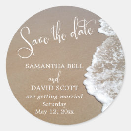Pegatina Redonda Sand & Foam Beach Photo Save the Date 2