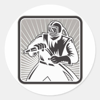 Pegatina Redonda Sandblaster Sand Blaster Woodcut Retro