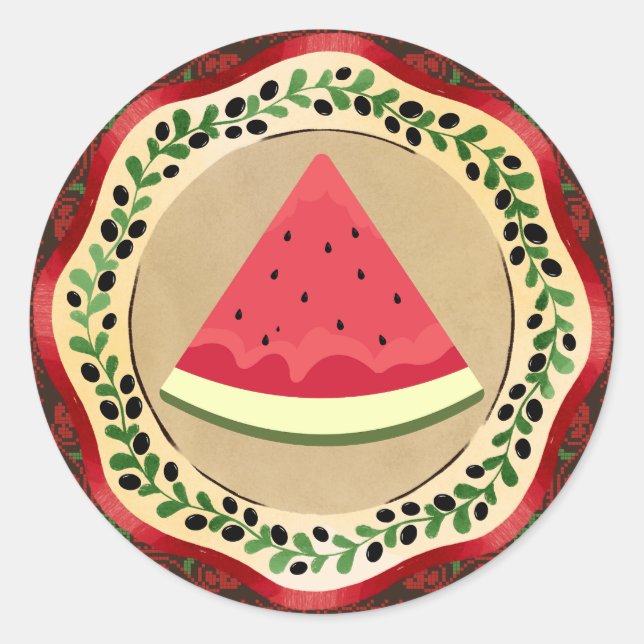 Pegatina Redonda sandía en plato de oliva con tatreez palestino (Anverso)