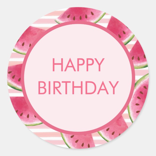 Pegatina Redonda sandía rayada rosada moderna Feliz cumpleaños (Anverso)