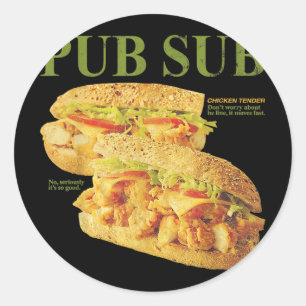 Pegatina Redonda Sándwich divertido de pollo tierno Pub Sub