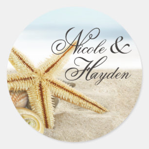 Pegatina Redonda Sandy Beach Starfish Seashells Favor