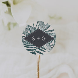 Pegatina Redonda Sanibel | Monograma de Boda tropical de época