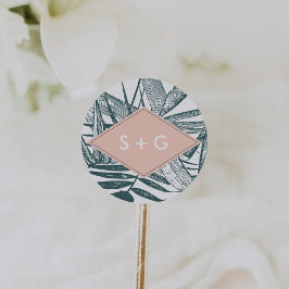 Pegatina Redonda Sanibel | Monograma del Boda botánico tropical