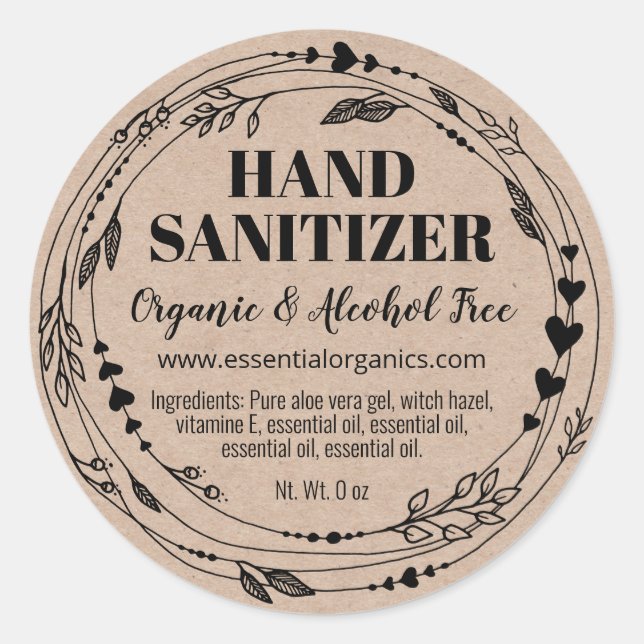 Pegatina Redonda Sanitizer de mano casera con hojas orgánicas (Anverso)