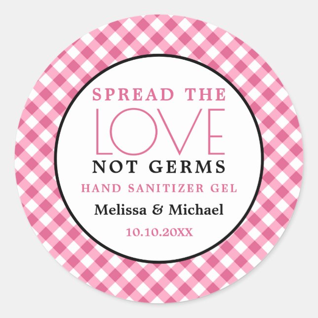 Pegatina Redonda Sanitizer mano Spread Love Pink Gingham Boda (Anverso)