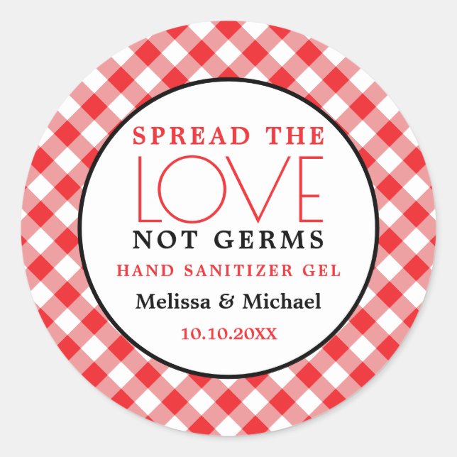 Pegatina Redonda Sanitizer mano Spread Love Red Gingham Boda (Anverso)