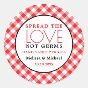 Pegatina Redonda Sanitizer mano Spread Love Red Gingham Boda