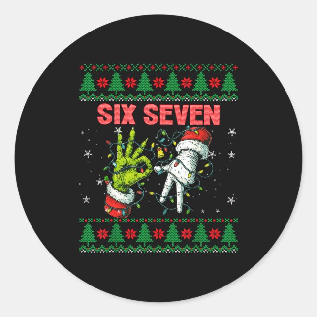 Pegatina Redonda Santa 67 Christmas Ugly Sweater Fingers Six Seven  (Anverso)