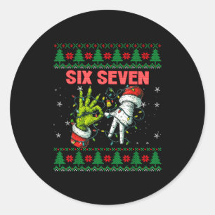 Pegatina Redonda Santa 67 Suéter Feo de Navidad Dedos Seis Siete