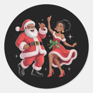 Pegatina Redonda Santa africano Señora Claus bailando Navidad ameri