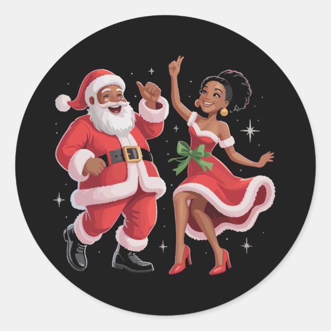 Pegatina Redonda Santa africano Señora Claus bailando Navidad ameri (Anverso)