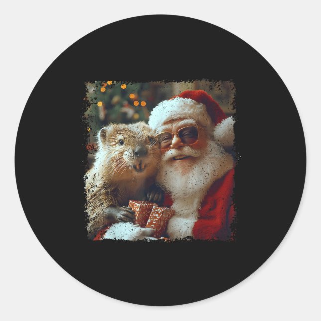 Pegatina Redonda Santa And Beaver Selfie Funny Christmas Design  (Anverso)
