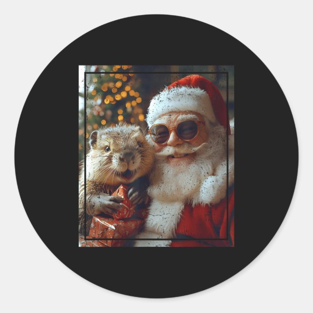 Pegatina Redonda Santa And Beaver Selfie Funny Christmas Design  (Anverso)