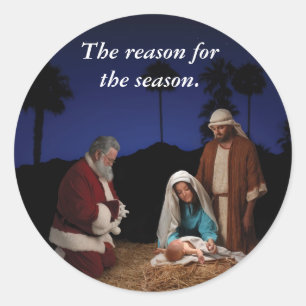 Pegatina Redonda Santa arrodillada en la Natividad
