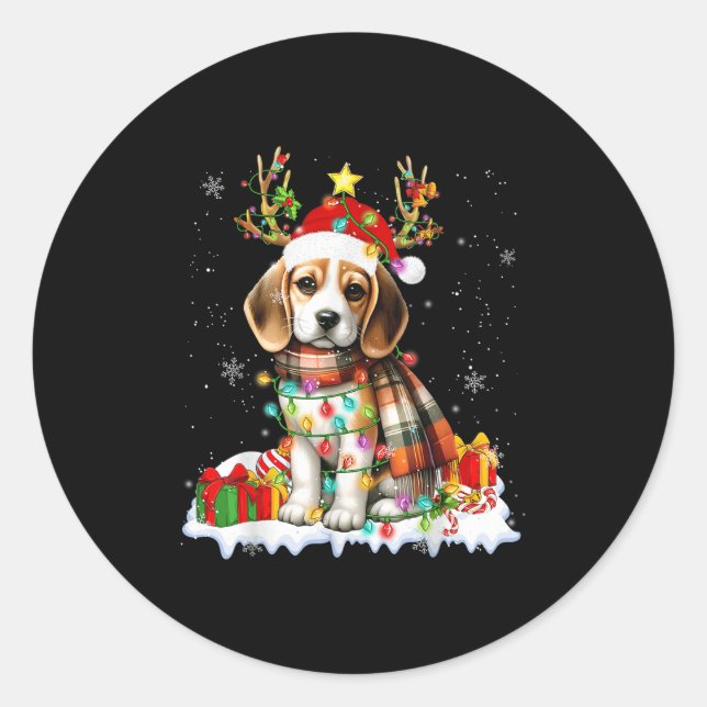 Pegatina Redonda Santa Beagle Christmas Lights Funny Reindeer Dog X (Anverso)