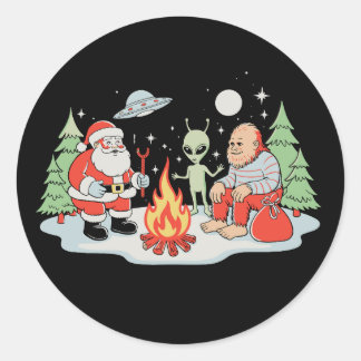 Pegatina Redonda Santa Bigfoot Alien Fogata Navidad Fiesta