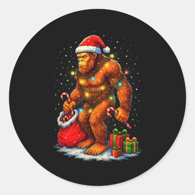 Pegatina Redonda Santa Bigfoot Christmas Lights Funny Sasquatch  (Anverso)