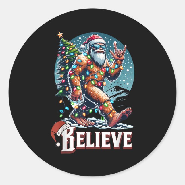 Pegatina Redonda Santa Bigfoot Christmas Lights Funny Sasquatch Bel (Anverso)