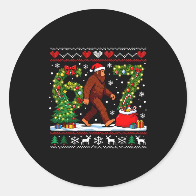 Pegatina Redonda Santa Bigfoot Christmas Tree Funny Sasquatch 67  (Anverso)