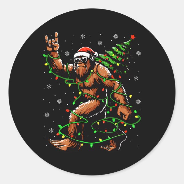 Pegatina Redonda Santa Bigfoot Christmas Tree Xmas enciende Funny S (Anverso)