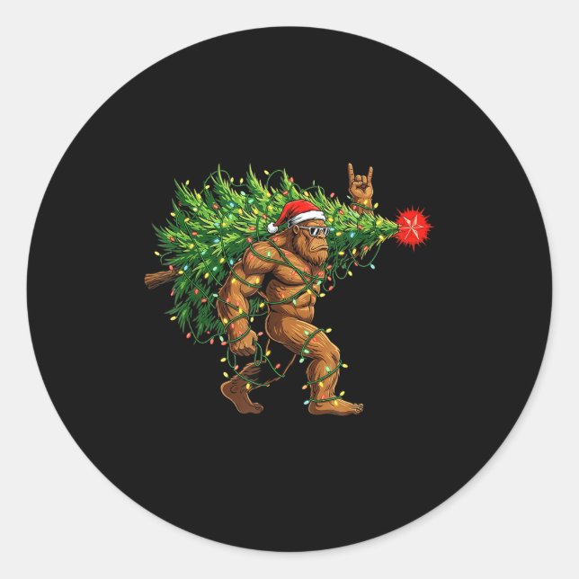 Pegatina Redonda Santa Bigfoot Christmas Tree Xmas Lights Funny Sas (Anverso)