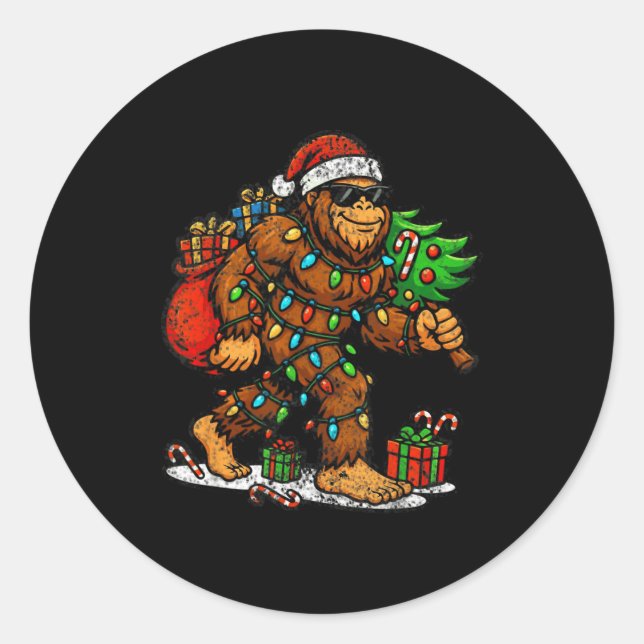 Pegatina Redonda Santa Bigfoot Christmas Tree Xmas Lights Funny Sas (Anverso)