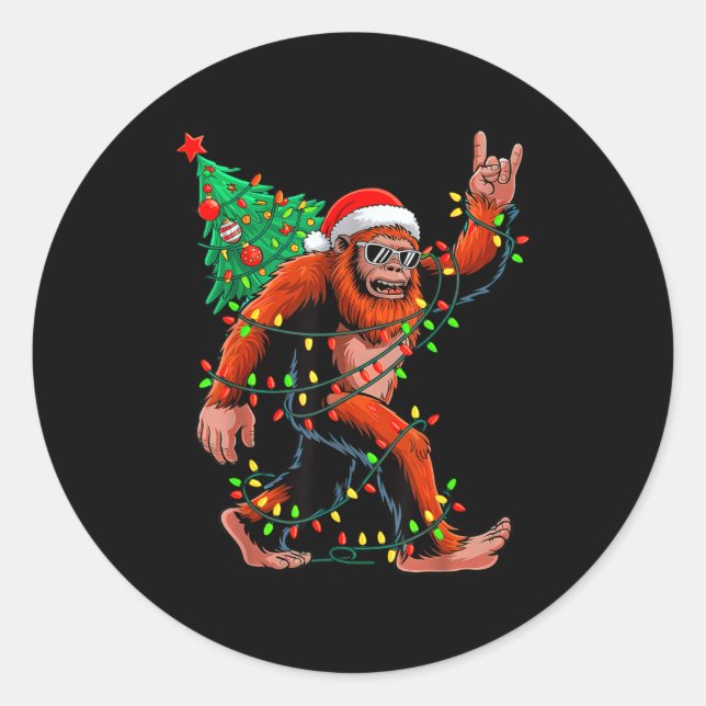 Pegatina Redonda Santa Bigfoot Christmas Tree Xmas Lights Sasquatch (Anverso)