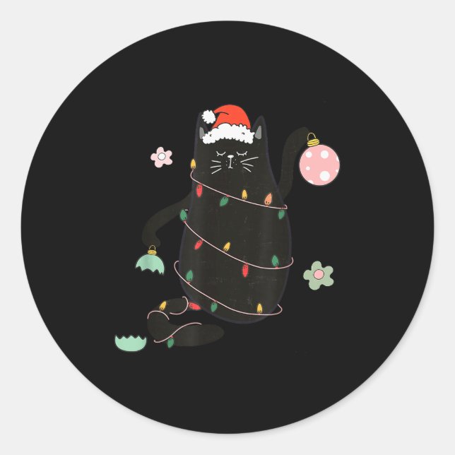 Pegatina Redonda Santa Black Cat Tangled Up In Christmas Tree Light (Anverso)