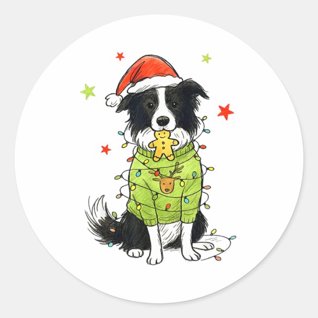 Pegatina Redonda Santa Border Collie Christmas Border Collie Dog Mo (Anverso)