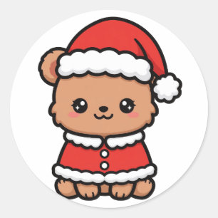 Pegatina Redonda Santa Cachorro de Oso Navidad