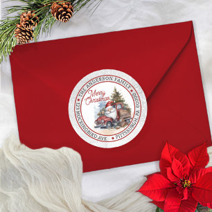 Pegatina Redonda Santa   Camión Rojo de Navidad Círculo Dirección d