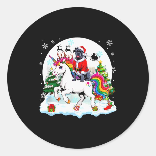 Pegatina Redonda Santa Cane Corso Riding Unicorn Reindeer Christmas (Anverso)