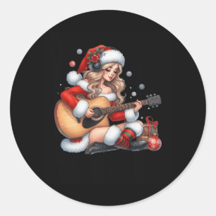 Pegatina Redonda Santa Chica toca guitarra Navidades divertidos mús