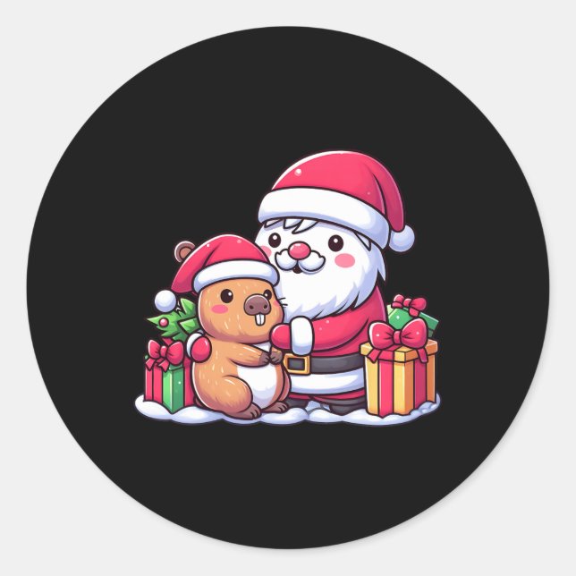 Pegatina Redonda Santa Claus abraza a los Navidades de Capibara mat (Anverso)