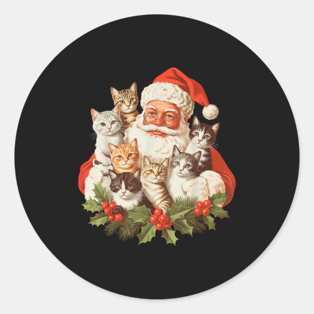 Pegatina Redonda Santa Claus And Kittens Cats Christmas  (Anverso)