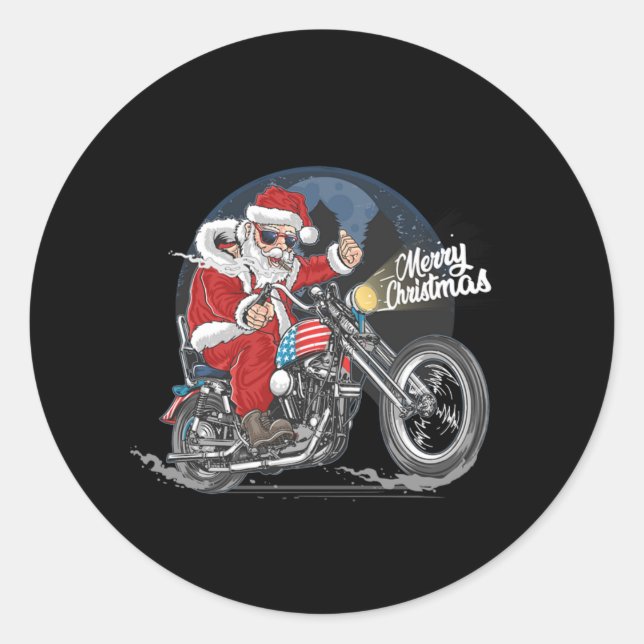 Pegatina Redonda Santa Claus Biker Navidades de motocicletas con ba (Anverso)