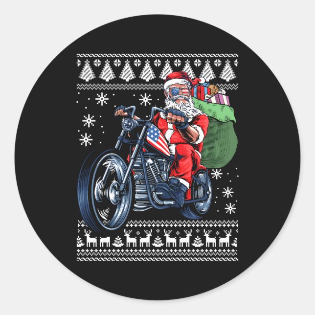 Pegatina Redonda Santa Claus con árbol de motocicletas feo (Anverso)
